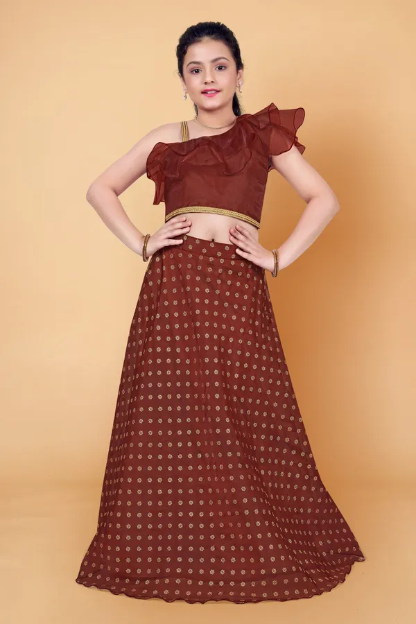 Coffee_Organza_Lather_Foil_Printed_Readymade_Lehenga_Choli_For_Girls
