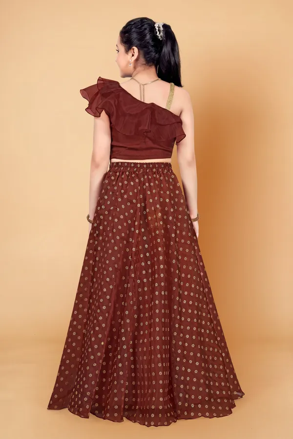 Coffee_Organza_Lather_Foil_Printed_Readymade_Lehenga_Choli_For_Girls