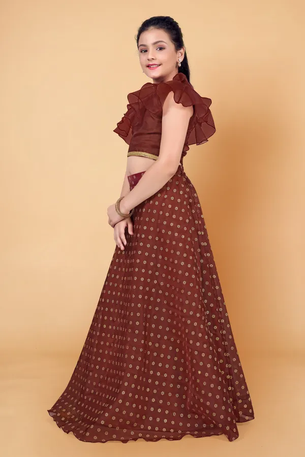 Coffee_Organza_Lather_Foil_Printed_Readymade_Lehenga_Choli_For_Girls