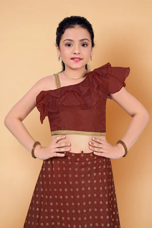 Coffee_Organza_Lather_Foil_Printed_Readymade_Lehenga_Choli_For_Girls