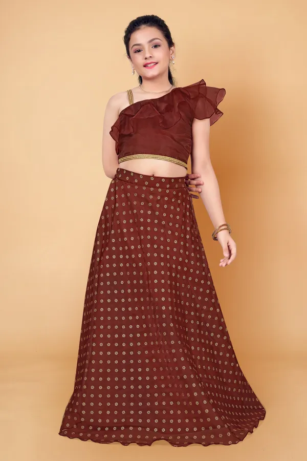 Coffee_Organza_Lather_Foil_Printed_Readymade_Lehenga_Choli_For_Girls