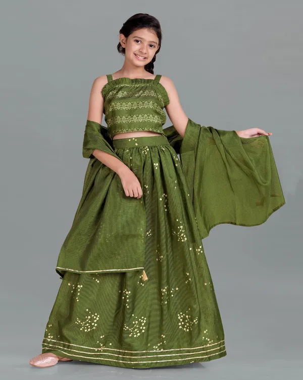 Mehendi_Kota_Doria_Foil_Printed_Readymade_Lehenga_Choli_And_Dupatta_Set_For_Girls