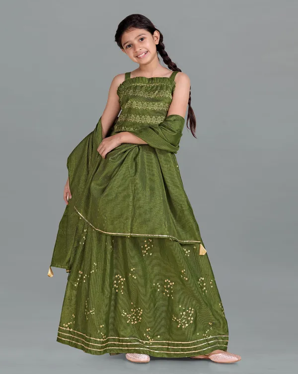 Mehendi_Kota_Doria_Foil_Printed_Readymade_Lehenga_Choli_And_Dupatta_Set_For_Girls