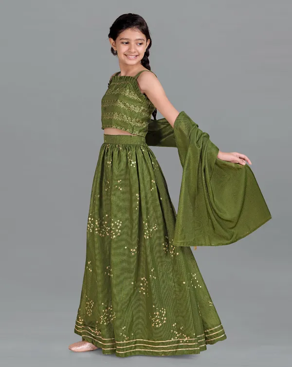 Mehendi_Kota_Doria_Foil_Printed_Readymade_Lehenga_Choli_And_Dupatta_Set_For_Girls