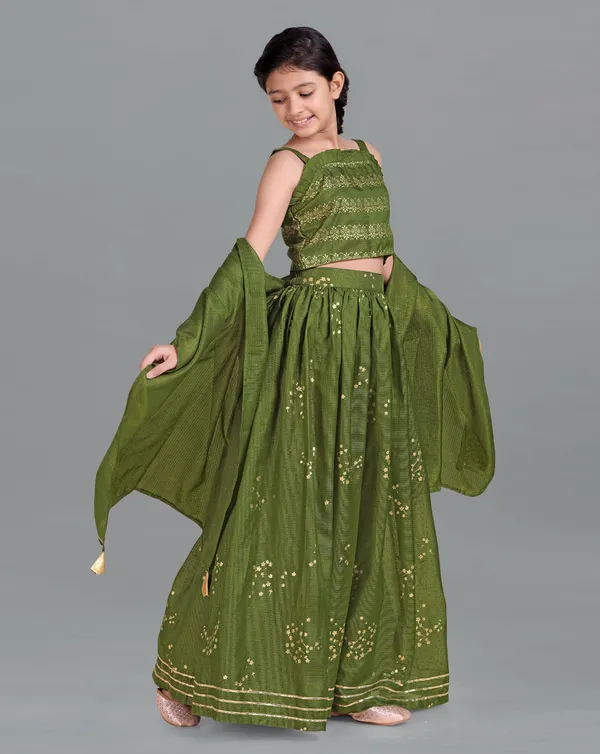 Mehendi_Kota_Doria_Foil_Printed_Readymade_Lehenga_Choli_And_Dupatta_Set_For_Girls