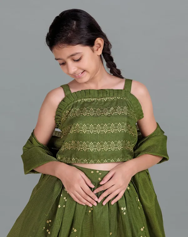 Mehendi_Kota_Doria_Foil_Printed_Readymade_Lehenga_Choli_And_Dupatta_Set_For_Girls
