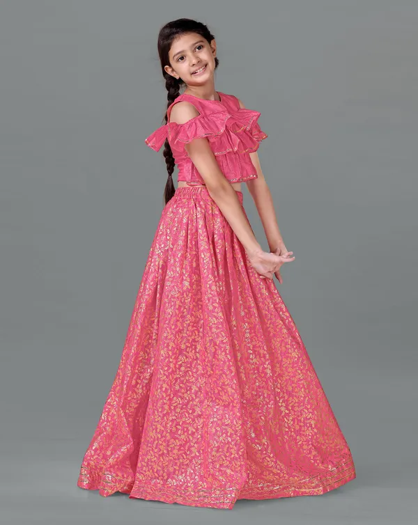 Pink_Kota_Doria_Foil_Printed_Readymade_Lehenga_Choli_For_Girls