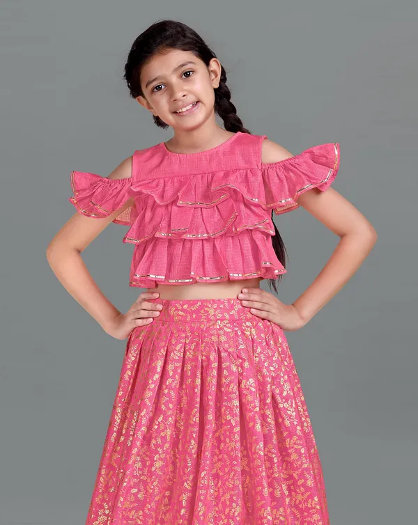 Pink_Kota_Doria_Foil_Printed_Readymade_Lehenga_Choli_For_Girls