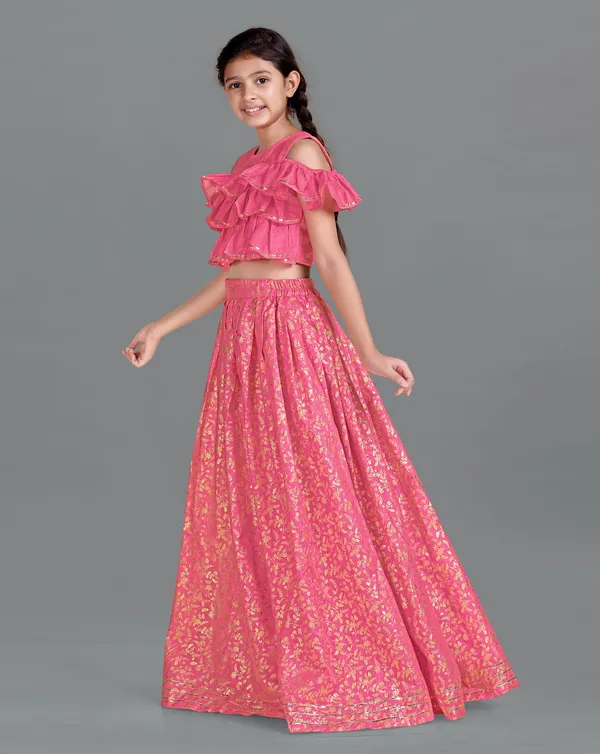 Pink_Kota_Doria_Foil_Printed_Readymade_Lehenga_Choli_For_Girls