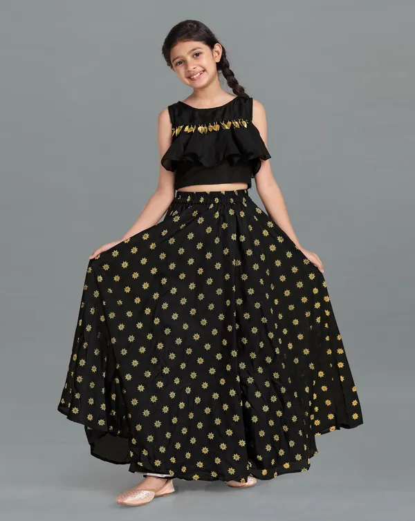 Black_Kota_Doria_Foil_Printed_Readymade_Lehenga_Choli_For_Girls