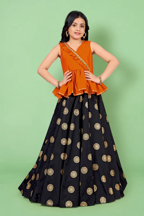 Orange_Taffeta_Foil_Printed_Readymade_Lehenga_Choli_For_Girls