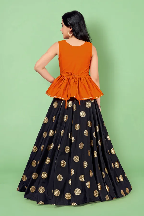 Orange_Taffeta_Foil_Printed_Readymade_Lehenga_Choli_For_Girls