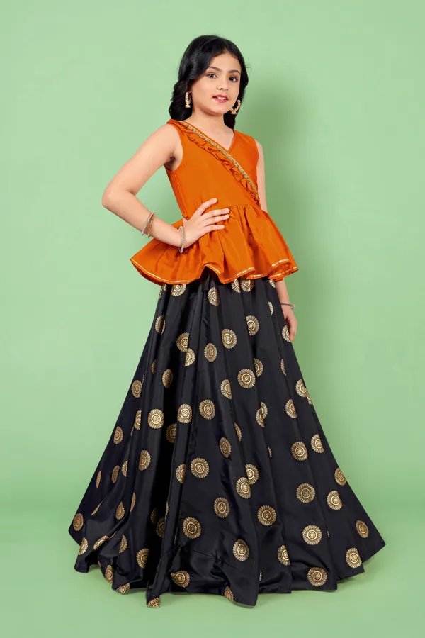 Orange_Taffeta_Foil_Printed_Readymade_Lehenga_Choli_For_Girls
