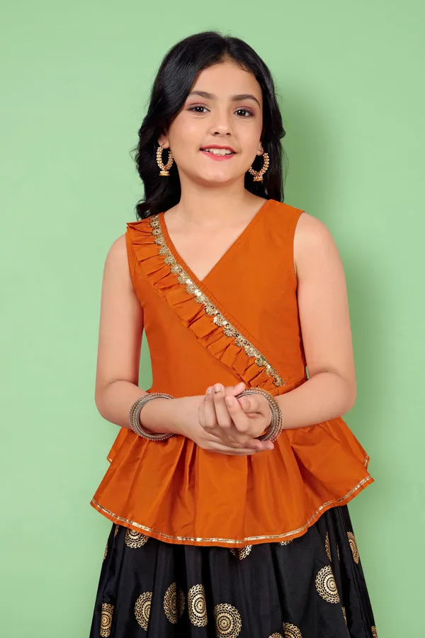 Orange_Taffeta_Foil_Printed_Readymade_Lehenga_Choli_For_Girls