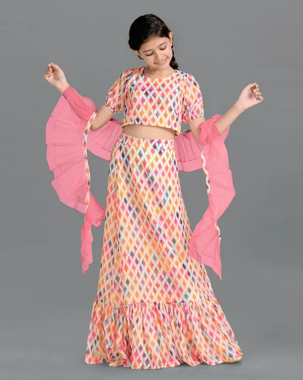 Multicolor_Georgette_Readymade_Lehenga_Crop_Top_&_Dupatta_Set_For_Girls
