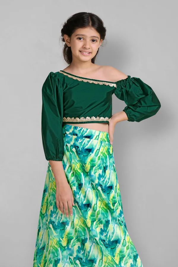 Green_Taffeta_Readymade_Solid_Crop_Top_And_Printed_Lehenga_For_Girls