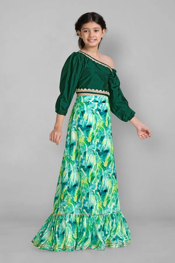 Green_Taffeta_Readymade_Solid_Crop_Top_And_Printed_Lehenga_For_Girls