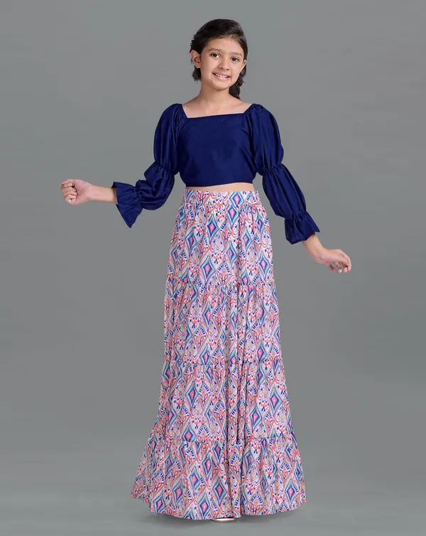 Blue_Georgette_Readymade_Layered_Lehenga_And_Solid_Crop_Top_Set_For_Girls