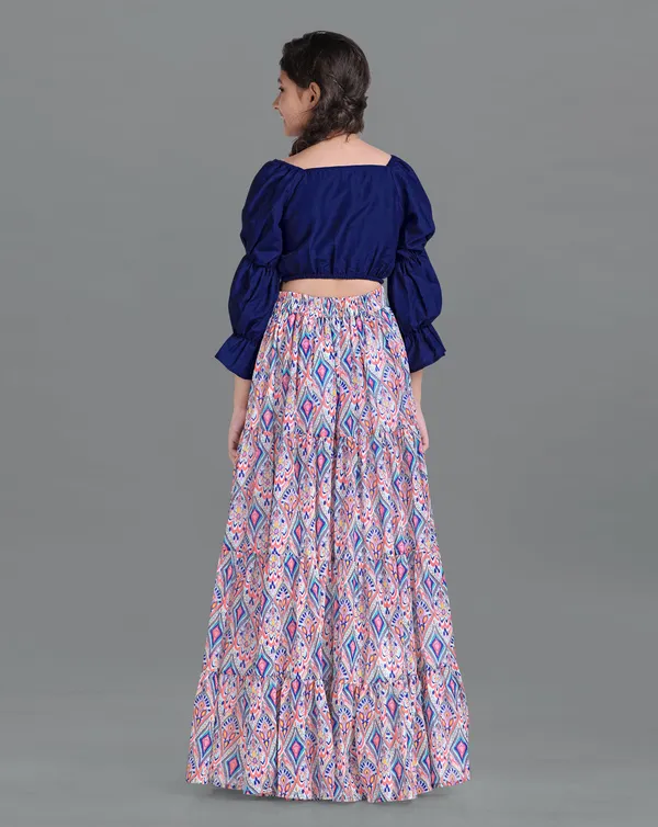 Blue_Georgette_Readymade_Layered_Lehenga_And_Solid_Crop_Top_Set_For_Girls