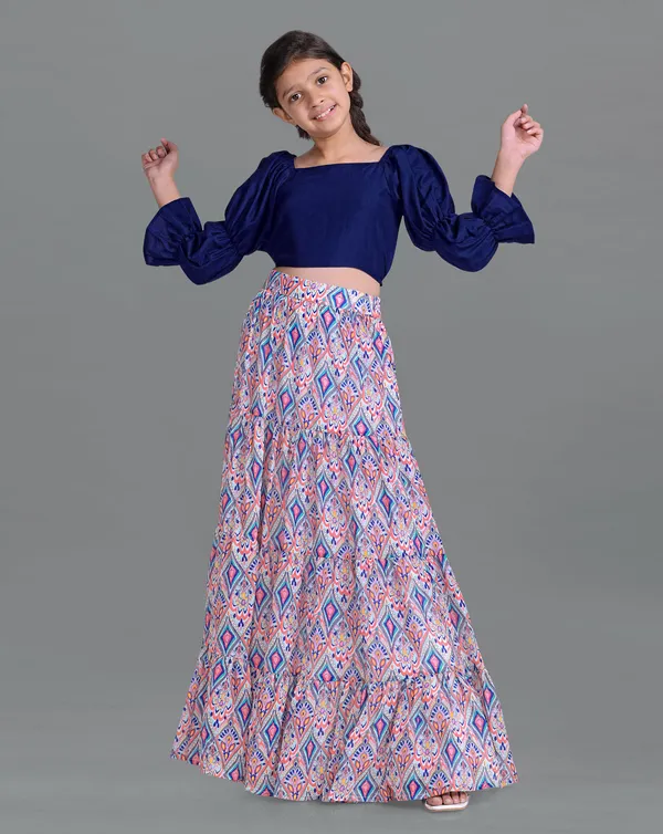 Blue_Georgette_Readymade_Layered_Lehenga_And_Solid_Crop_Top_Set_For_Girls