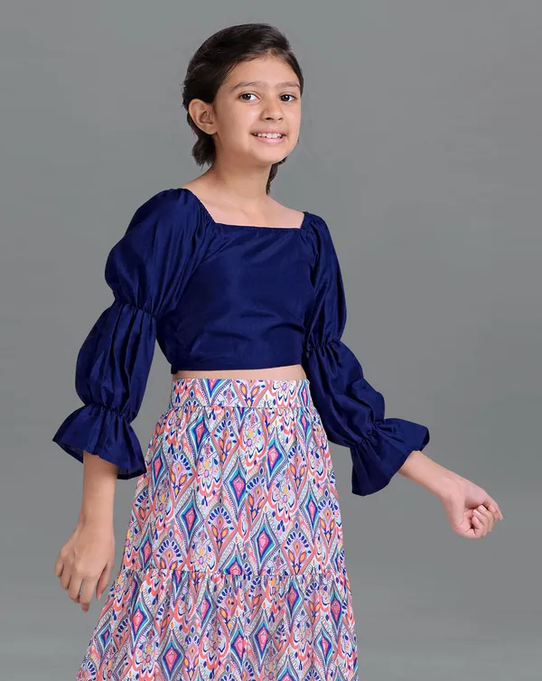 Blue_Georgette_Readymade_Layered_Lehenga_And_Solid_Crop_Top_Set_For_Girls