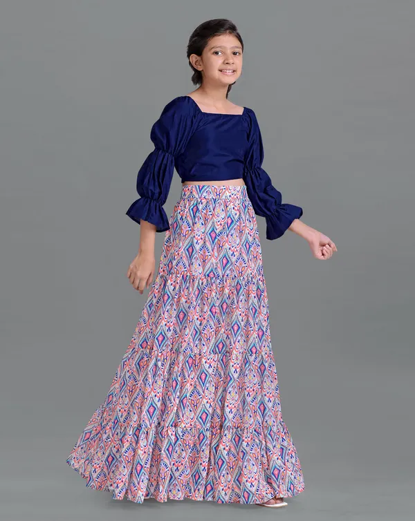 Blue_Georgette_Readymade_Layered_Lehenga_And_Solid_Crop_Top_Set_For_Girls