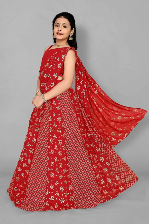 Red_Georgette_Readymade_Lehenga_Choli_With_Attached_Dupatta_Set_For_Girls