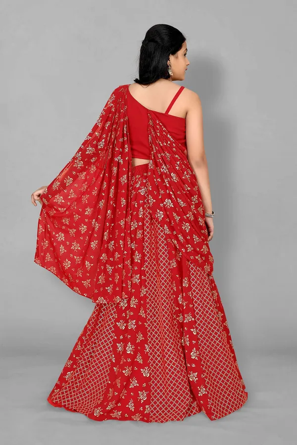 Red_Georgette_Readymade_Lehenga_Choli_With_Attached_Dupatta_Set_For_Girls