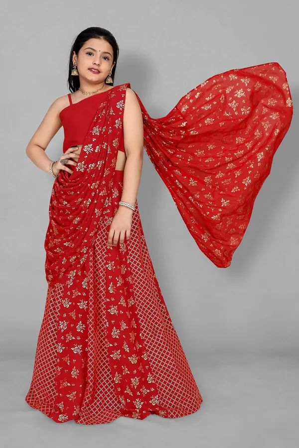 Red_Georgette_Readymade_Lehenga_Choli_With_Attached_Dupatta_Set_For_Girls