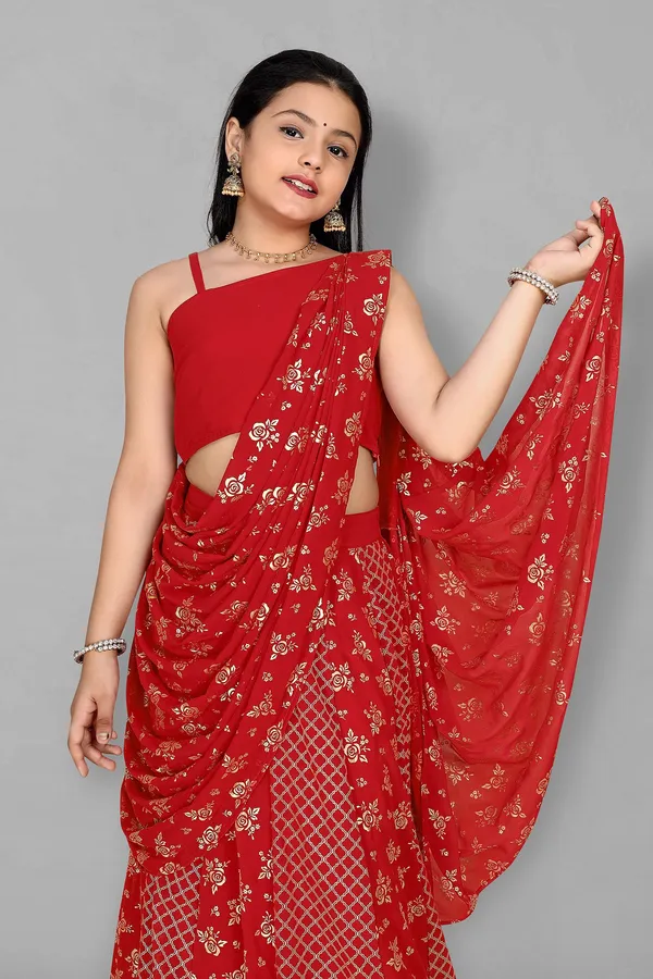 Red_Georgette_Readymade_Lehenga_Choli_With_Attached_Dupatta_Set_For_Girls