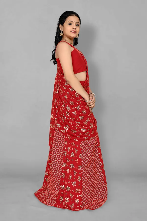 Red_Georgette_Readymade_Lehenga_Choli_With_Attached_Dupatta_Set_For_Girls
