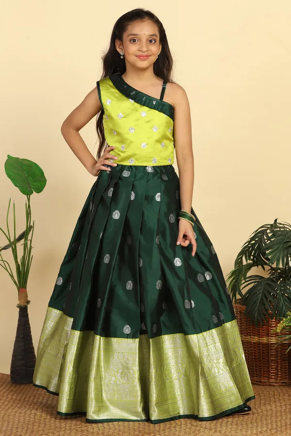 Green_Jacquard_Work_One_Shoulder_Lehenga_Choli_Set_For_Girls