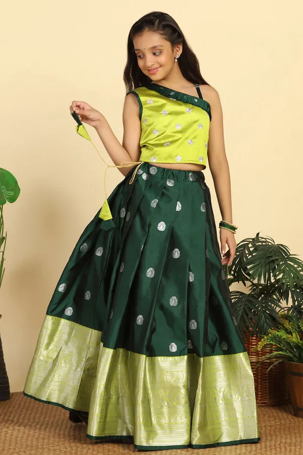 Green_Jacquard_Work_One_Shoulder_Lehenga_Choli_Set_For_Girls