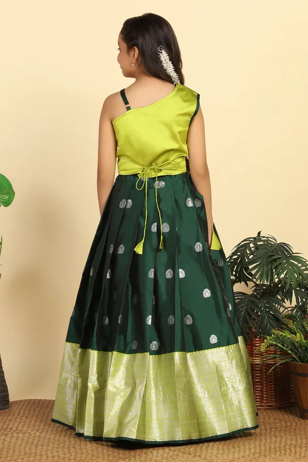 Green_Jacquard_Work_One_Shoulder_Lehenga_Choli_Set_For_Girls