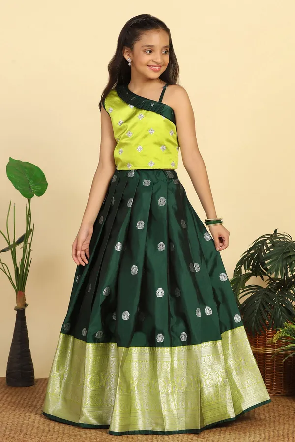 Green_Jacquard_Work_One_Shoulder_Lehenga_Choli_Set_For_Girls
