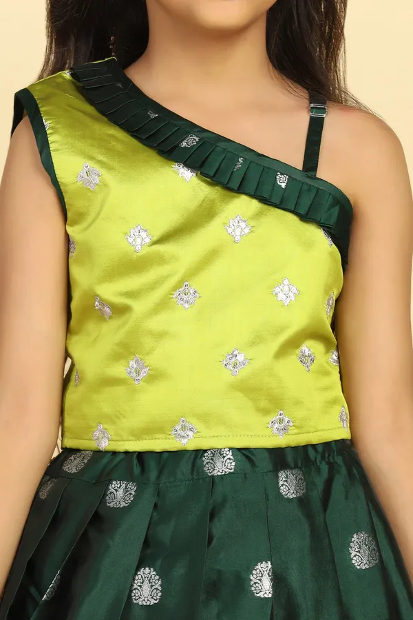Green_Jacquard_Work_One_Shoulder_Lehenga_Choli_Set_For_Girls