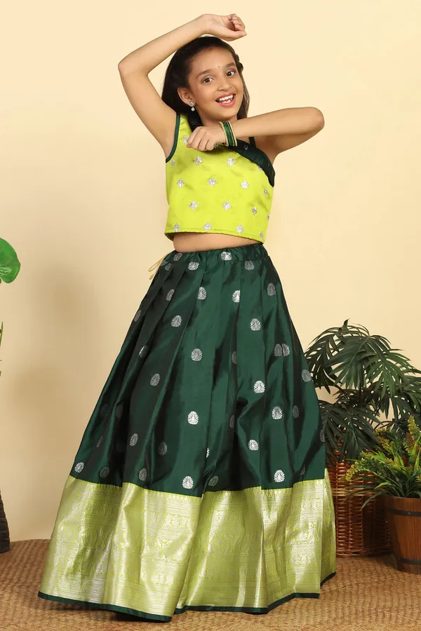 Green_Jacquard_Work_One_Shoulder_Lehenga_Choli_Set_For_Girls