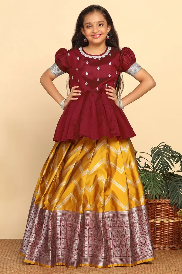 Maroon_Jacquard_Work_Peplum_Lehenga_Choli_Set_For_Girls