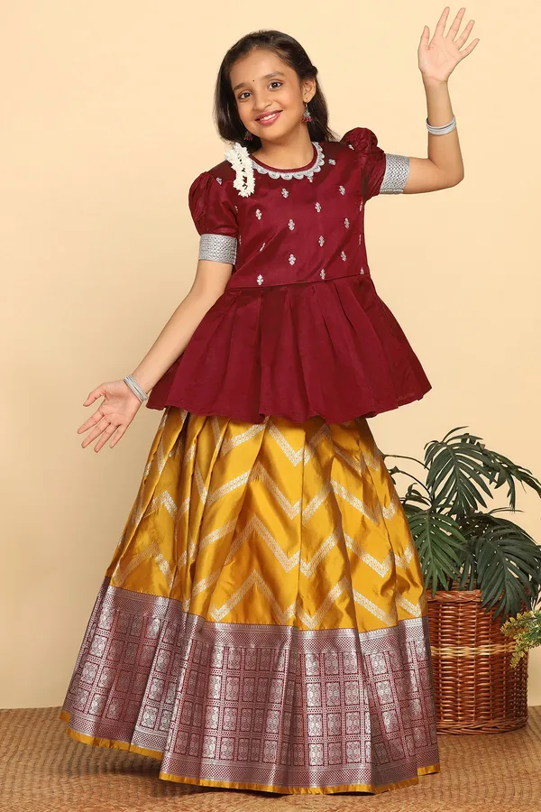 Maroon_Jacquard_Work_Peplum_Lehenga_Choli_Set_For_Girls