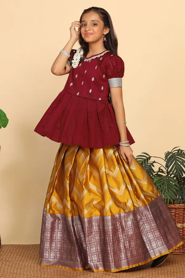 Maroon_Jacquard_Work_Peplum_Lehenga_Choli_Set_For_Girls