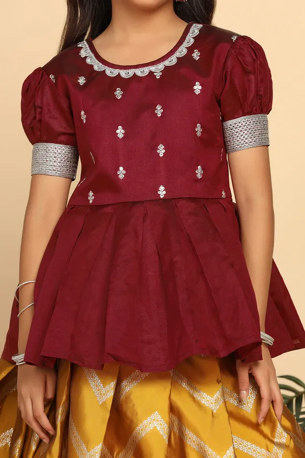 Maroon_Jacquard_Work_Peplum_Lehenga_Choli_Set_For_Girls