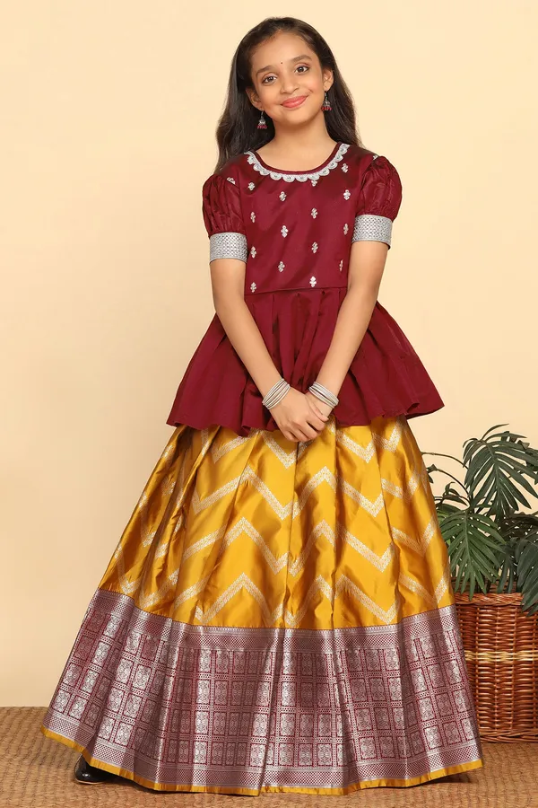Maroon_Jacquard_Work_Peplum_Lehenga_Choli_Set_For_Girls