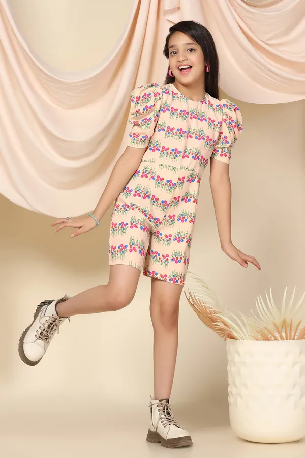 Cream_Polyester_Floral_Printed_Above_Knee_Length_Romper_For_Girls