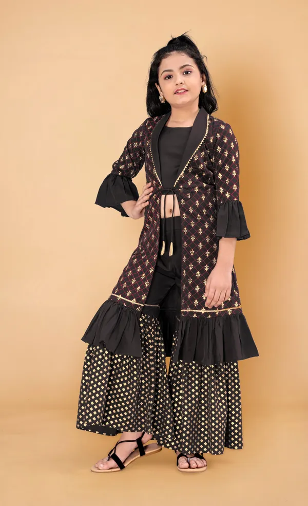 Black_Crepe_Long_Shrug_Top_And_Sharara_Set_For_Girls