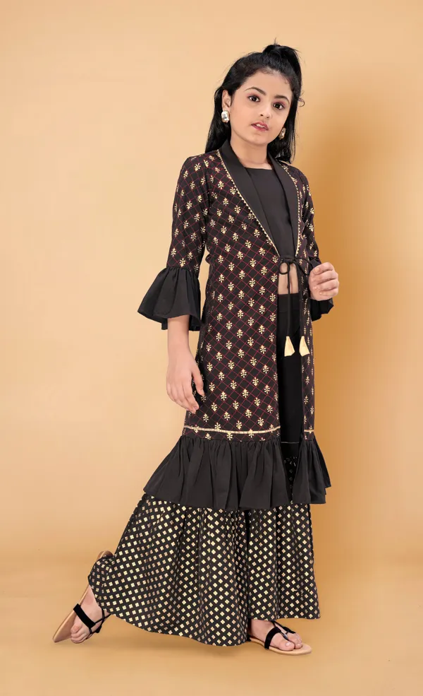 Black_Crepe_Long_Shrug_Top_And_Sharara_Set_For_Girls