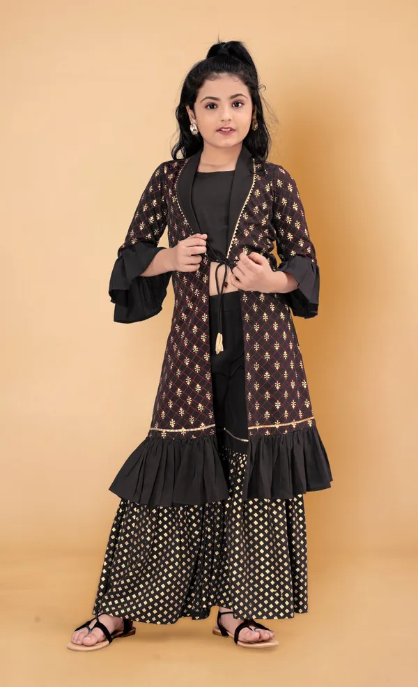 Black_Crepe_Long_Shrug_Top_And_Sharara_Set_For_Girls
