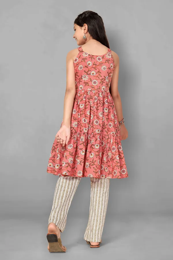 Peach_Floral_Printed_Cotton_Kurta_With_Pant_Set_For_Girls