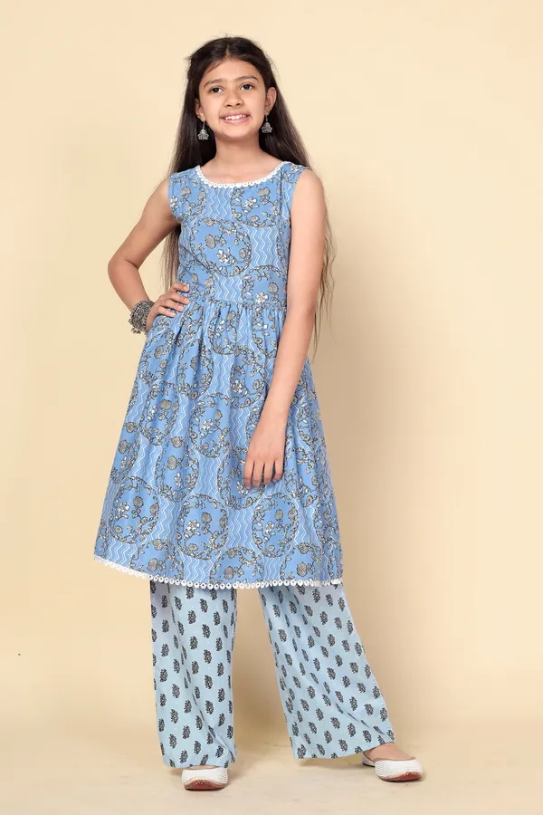 Blue_Floral_Printed_Cotton_Kurta_And_Palazzo_Set