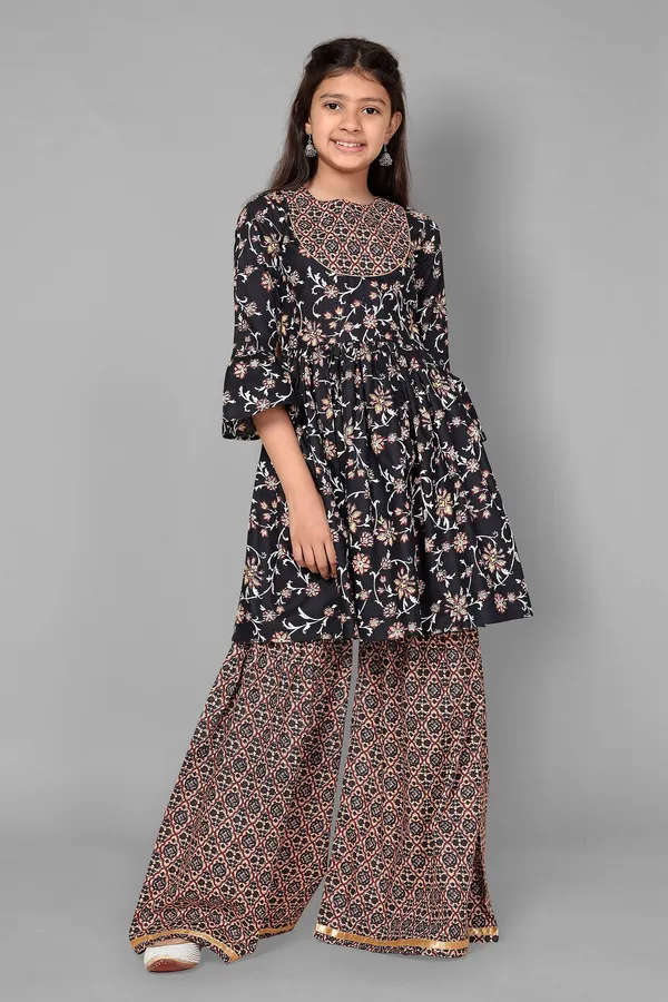 Navy_Floral_Cotton_Kurta_Sharara_Set_For_Girls
