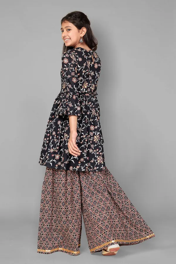 Navy_Floral_Cotton_Kurta_Sharara_Set_For_Girls
